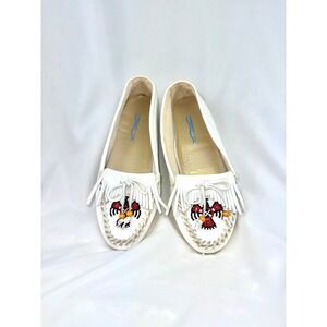 Vintage White Leather Comfort View Moccasins w/ Beaded Design – Size 8.5